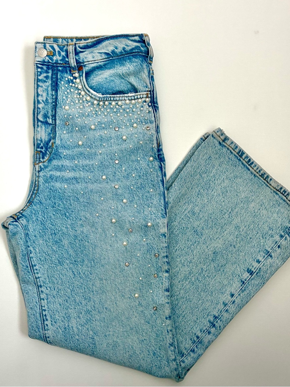 Anthropologie Pilcro Light Blue Pearl + Crystal Straight Leg Jeans - Picture 2 of 12